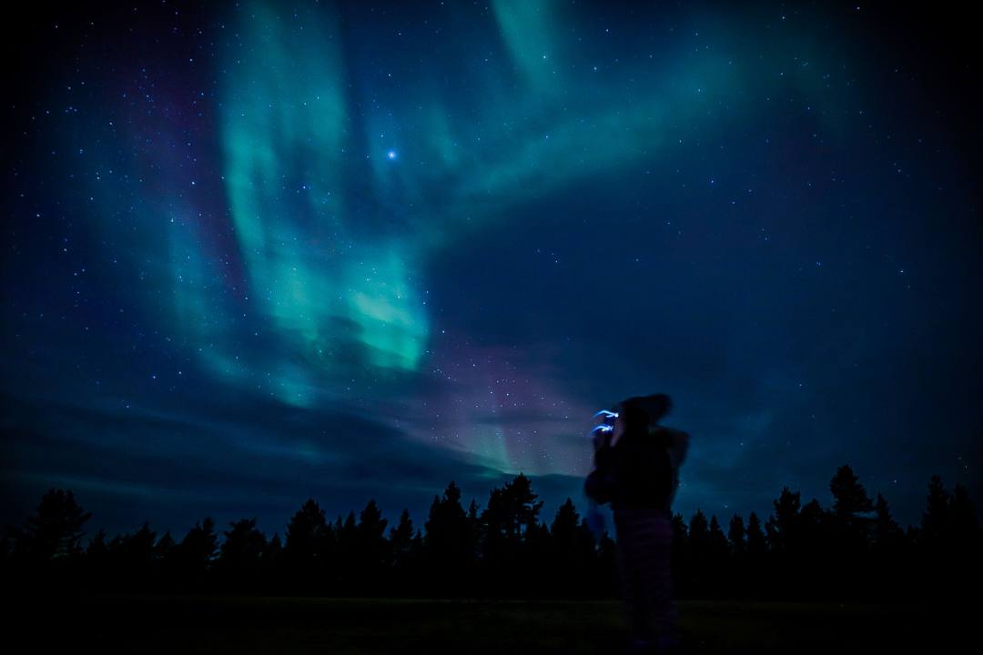 Person photographing green and blue Northern Lights above a treeline